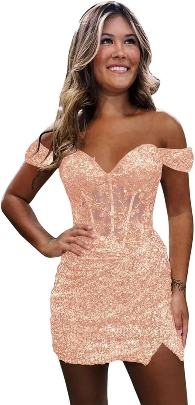 Sparkly Off Shoulder Sequin Homecoming Dresses 2025 Short Tight Mermaid Cocktail Dress Teens HOCO Corset Gowns
