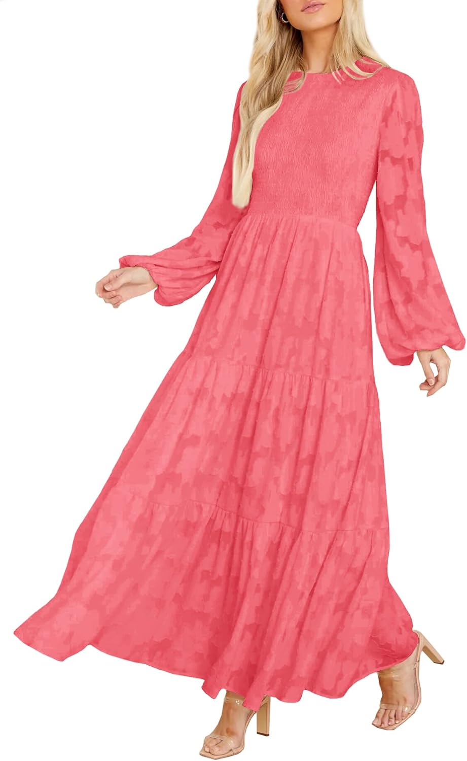 MITILLY Women's Elegant Floral Long Sleeve Round Neck Smocked A-Line Flowy Tiered Maxi Dress with Pockets