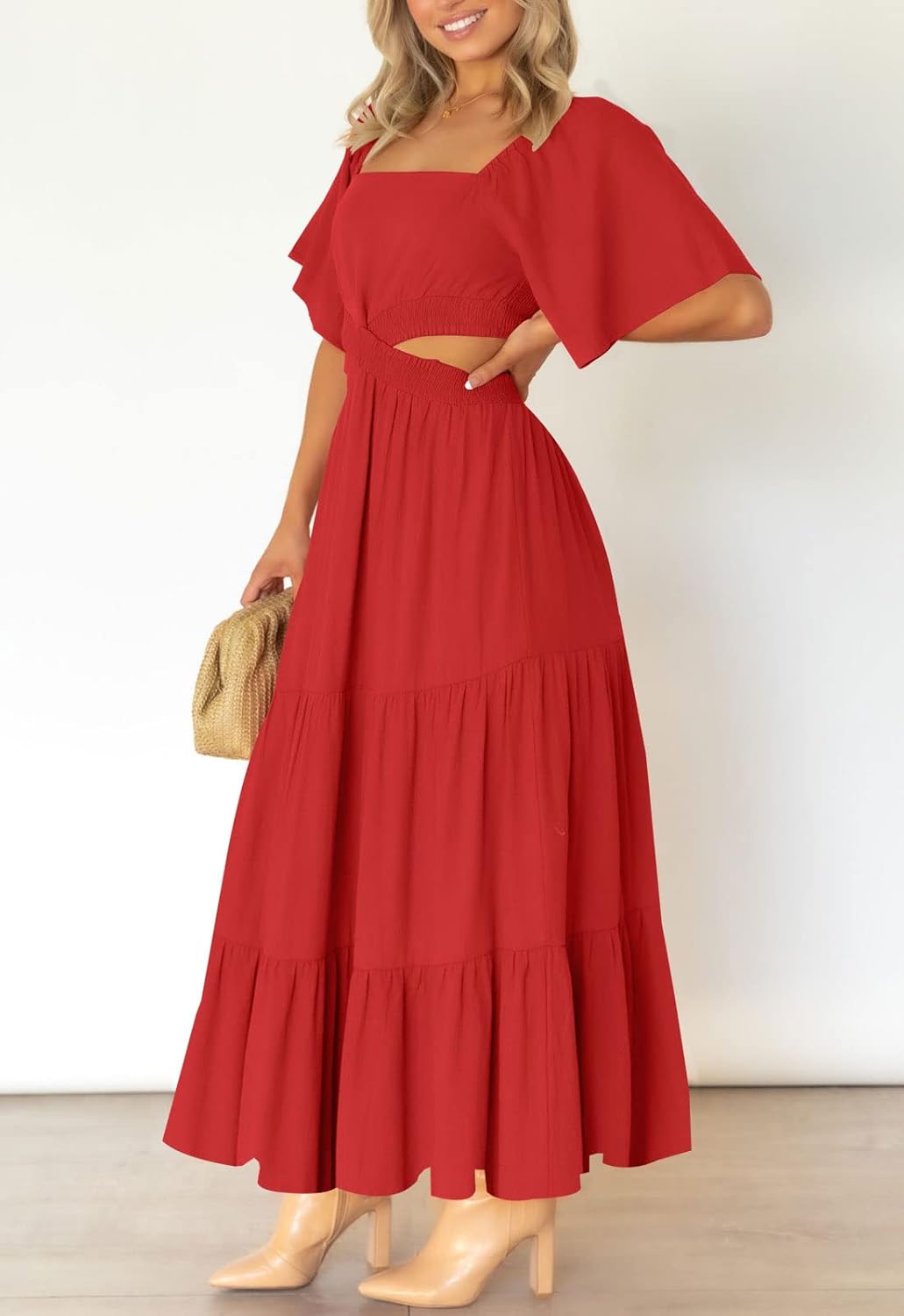 LEANI Women's 2025 Summer Cutout Maxi Dress Square Neck Short Sleeve Crossover Waist Casual Party Dresses