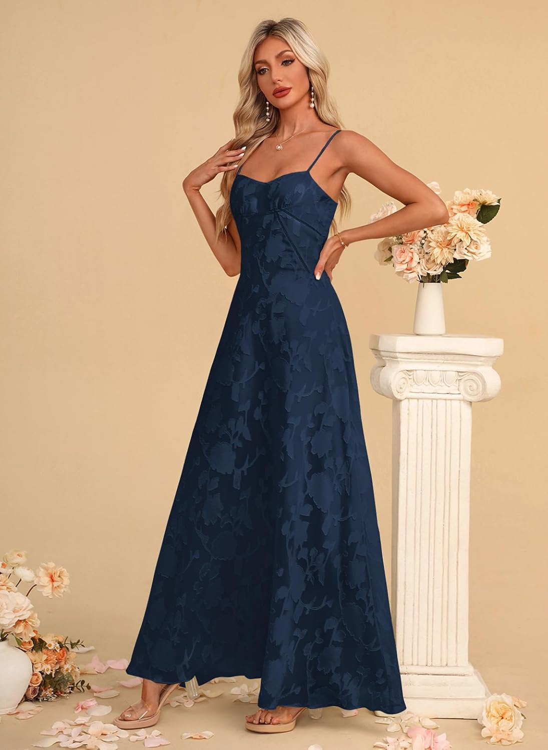 Women's Elegant Wedding Guest Dress Spaghetti Straps Floral Sleeveless Formal Dress Maxi Gown