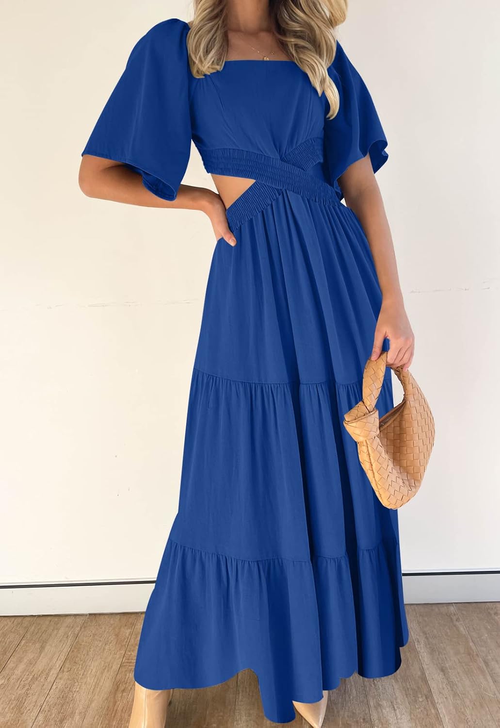 LEANI Women's 2025 Summer Cutout Maxi Dress Square Neck Short Sleeve Crossover Waist Casual Party Dresses