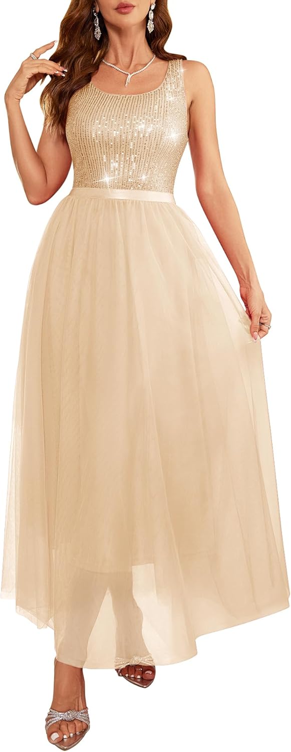 BeryLove Sequin Dress for Woman Vintage A Line Wedding Formal Swing Mesh Dress Sleeveless Cocktail Maxi Gowns