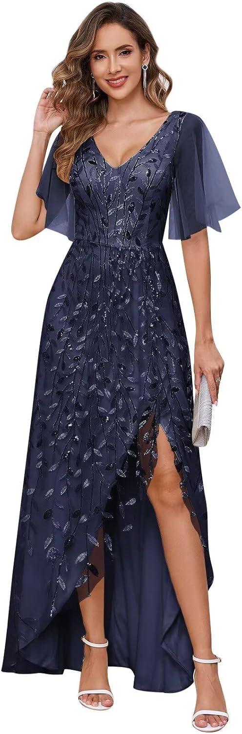 Women's Short Sleeve Mother of The Bride Dresses for Wedding Sparkly Sequin Long Formal Evening Dresses