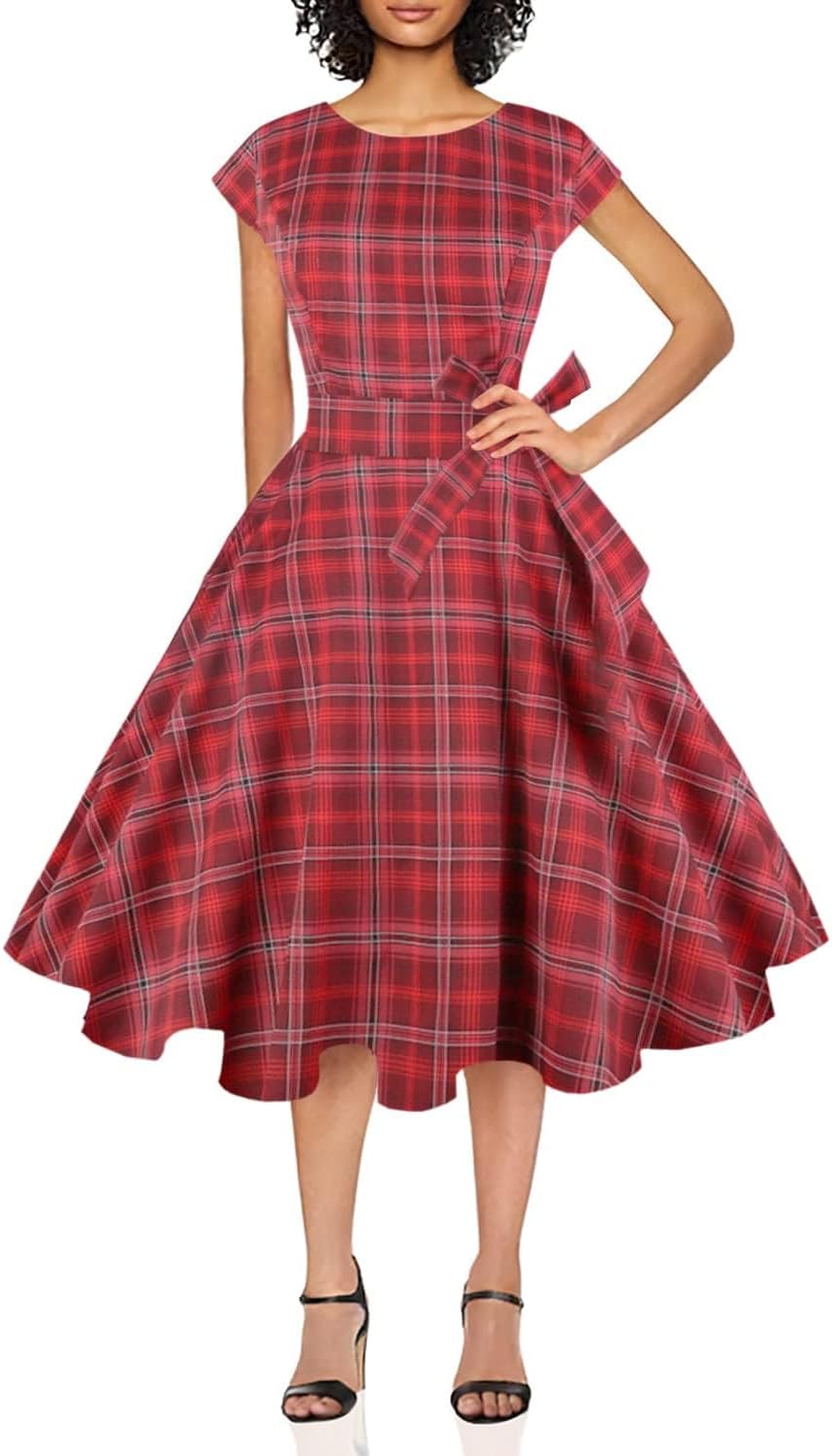 PUKAVT Women's 1950 Boatneck Cap Sleeve Vintage Swing Cocktail Party Dress with Pockets