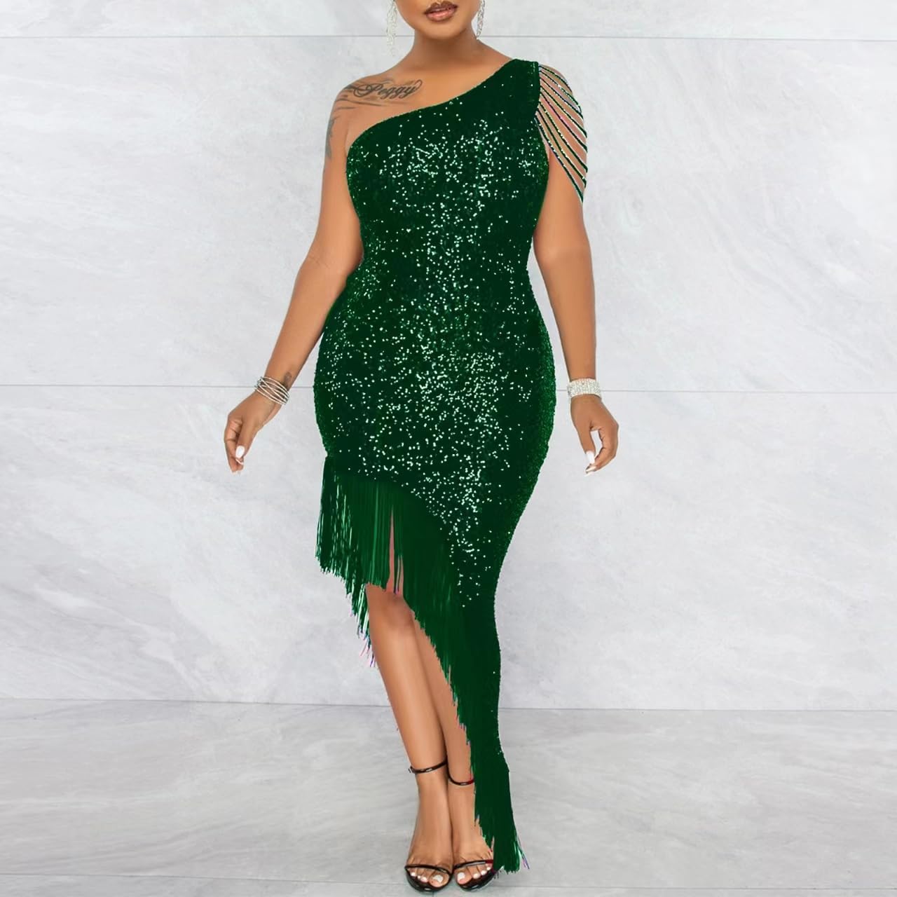 Cololura Women Sequin Elegant Sexy Tassels One Shoulder Mermaid Bodycon Cocktail Evening Midi Party Formal Dress