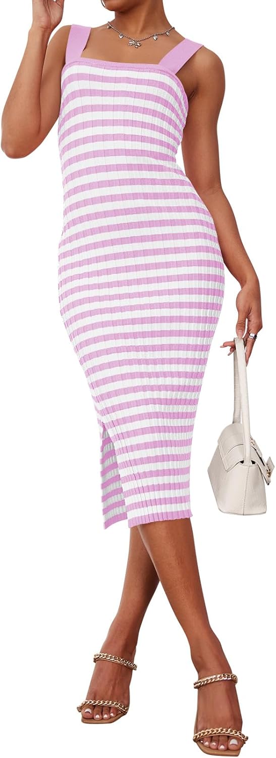 MEROKEETY Women's 2025 Summer Spring Bodycon Midi Dress Vacation Sleeveless Ribbed Knit Striped Party Sweater Dresses