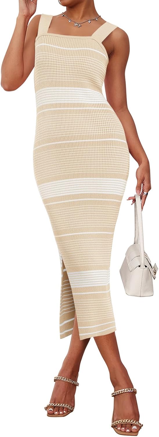 MEROKEETY Women's 2025 Summer Spring Bodycon Midi Dress Vacation Sleeveless Ribbed Knit Striped Party Sweater Dresses