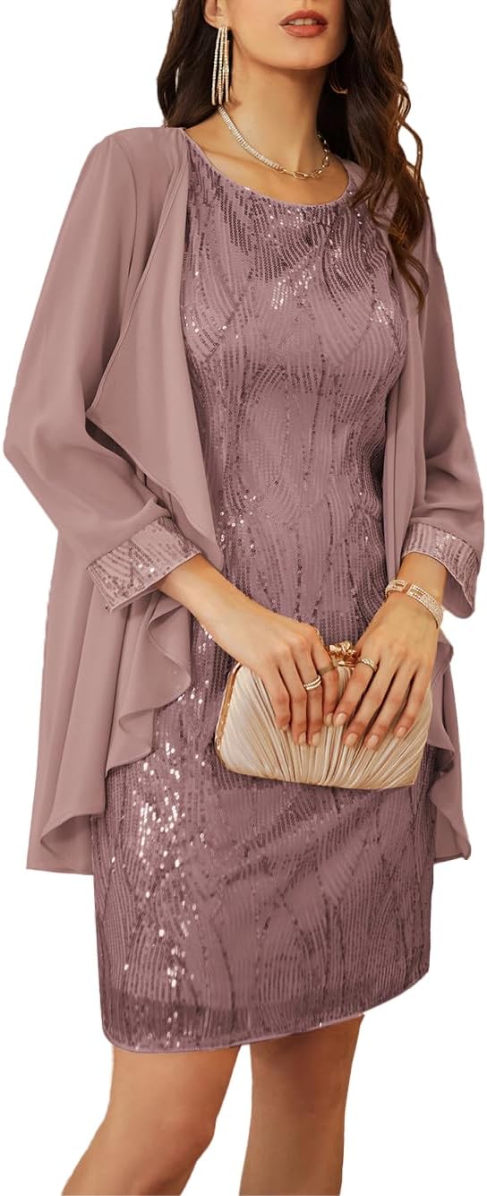 GRACE KARIN Sequin Dress for Women Knee Length Mother of the Bride Dresses Formal Dress Two Piece Dress with Chiffon Jacket