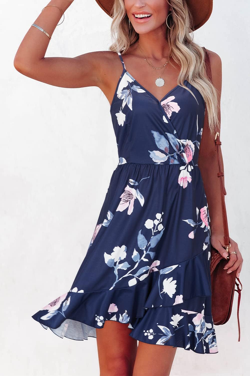 ULTRANICE Womens Summer Dresses Floral V Neck Ruffled Hem Spaghetti Spring Casual Beach Outfits Flowy Wrap Sun Dress