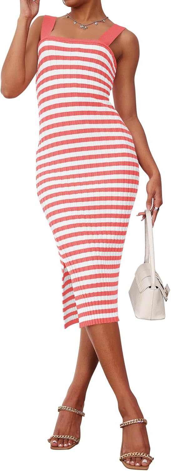 MEROKEETY Women's 2025 Summer Spring Bodycon Midi Dress Vacation Sleeveless Ribbed Knit Striped Party Sweater Dresses