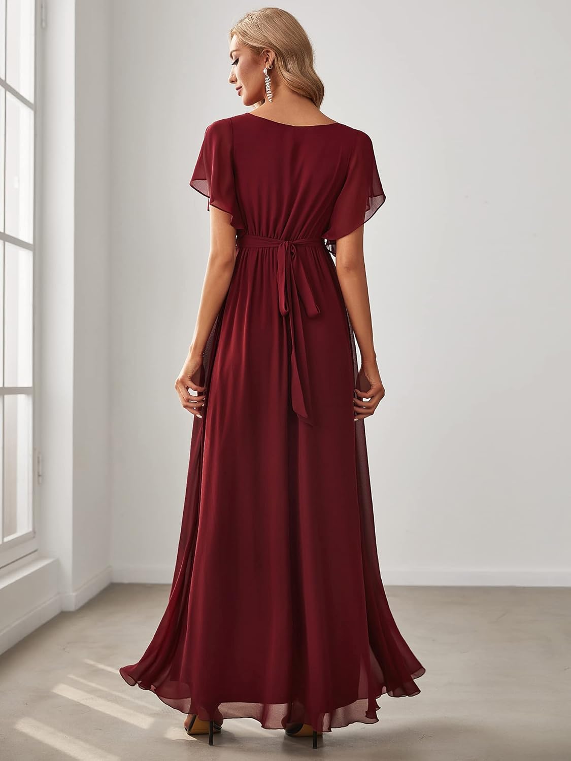 Ever-Pretty Women's Bridesmaid Dress V-Neck Ruffle Sleeves Ruched Bust Floor Length Chiffon Formal Dresses 0164A