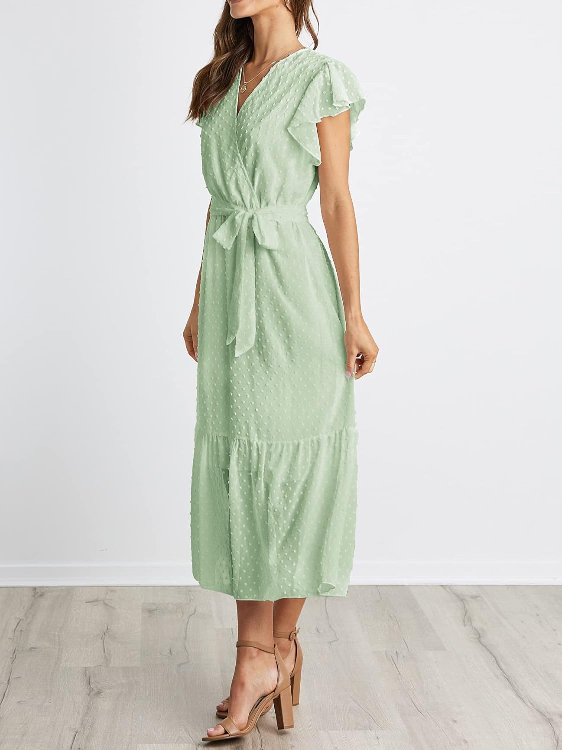 BTFBM Women Summer Bohemian Floral Casual Wrap V Neck Ruffle Cap Sleeveless Belt A-Line Pleated Hem Midi Sun Dress White