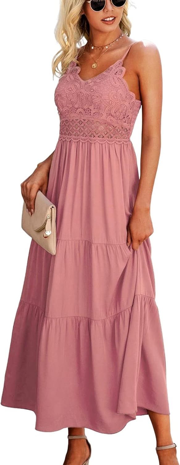 Dokuritu Women's Beach Crochet Lace Maxi Dress Solid Color Summer Vacation Spaghetti Strap Long Dress 2024