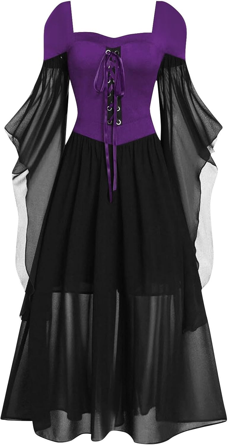 Women Casual Cold Shoulder Dress Solid Color Lace Butterfly Sleeve Halloween Retro Cocktail Party Gothic Prom Dress