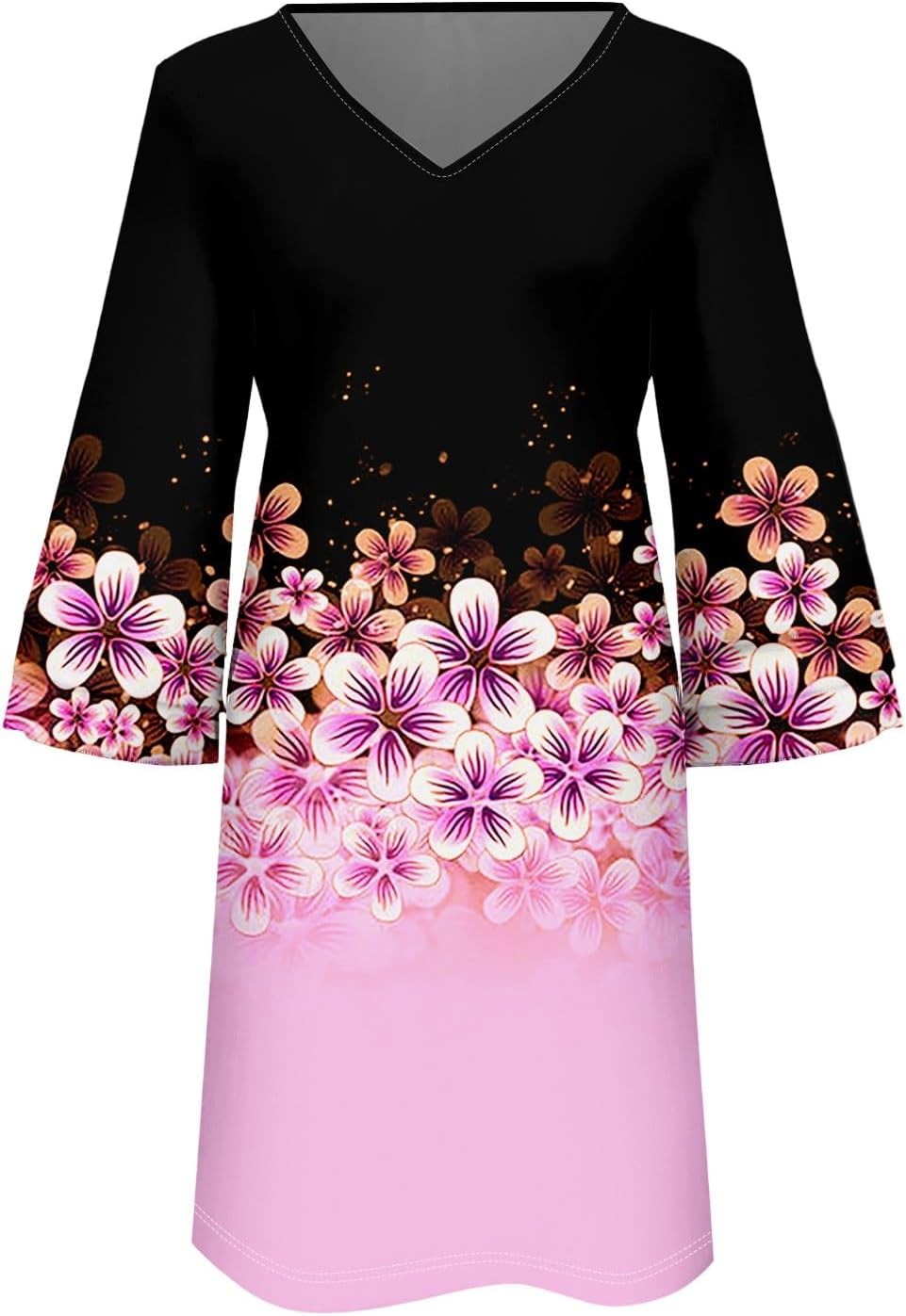 Beach Dresses for Women,2025 Summer Trendy Floral Print Boho Dress,Casual Loose V Neck Bell 3/4 Sleeve Mini Dress