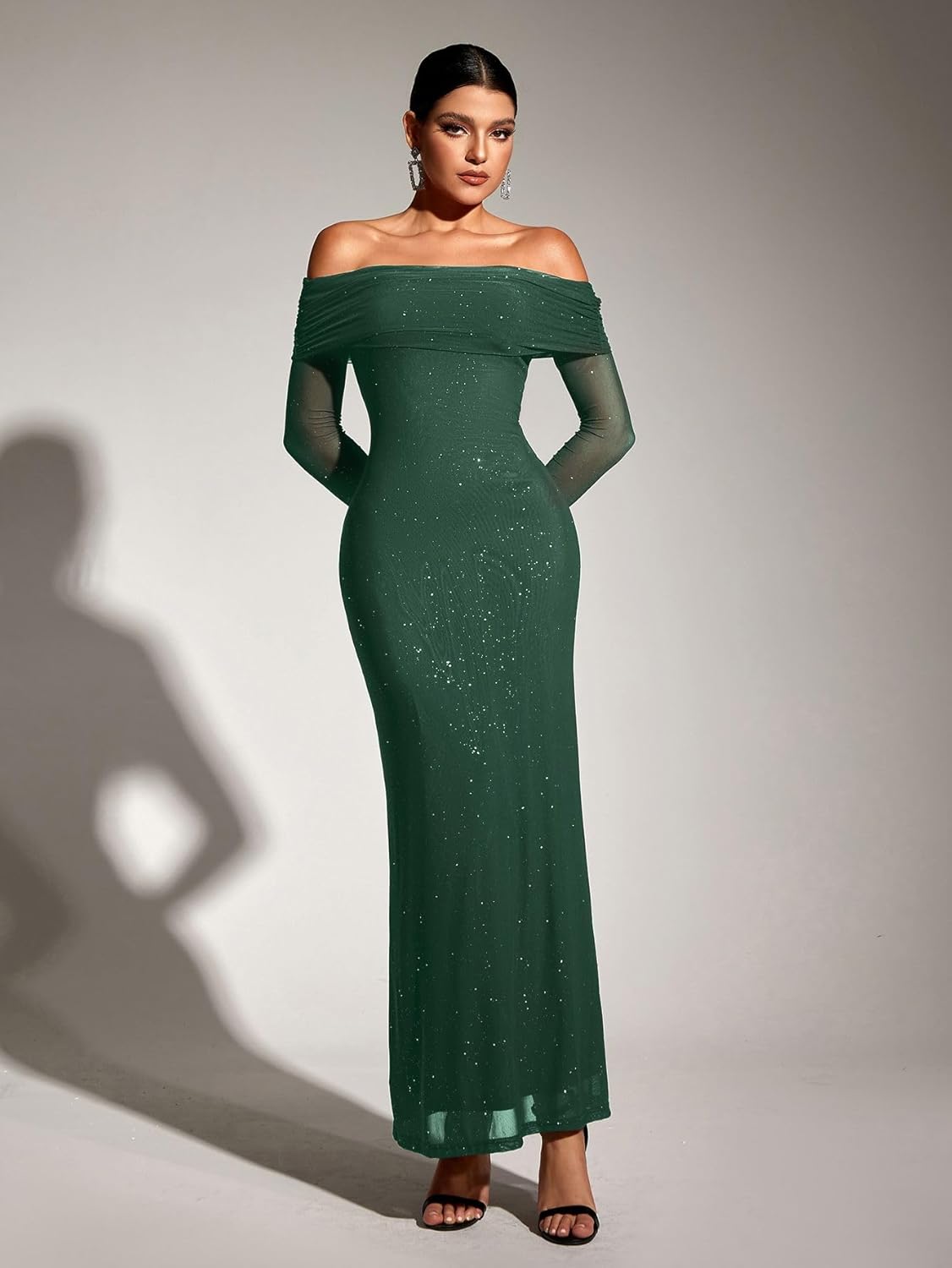 KUTUMAI Women Off Shoulder Bodycon Maxi Dress Long Sleeve Mesh Ruched Party Formal Wedding Guest Dresses