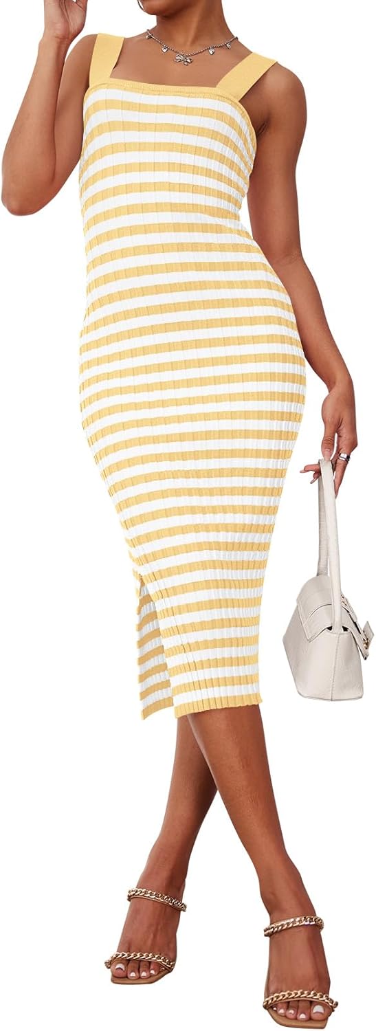 MEROKEETY Women's 2025 Summer Spring Bodycon Midi Dress Vacation Sleeveless Ribbed Knit Striped Party Sweater Dresses