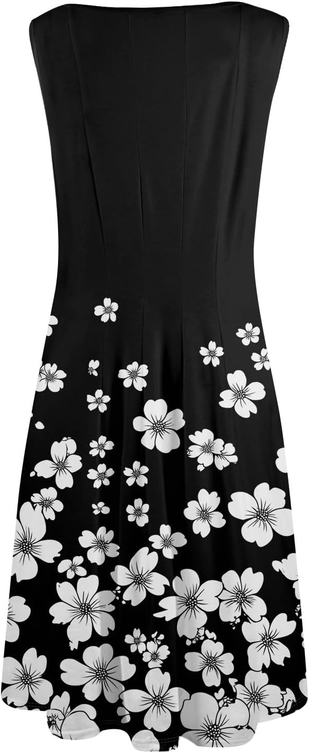 Womens Tank Sundress 2025 Casual Floral Print Tshirt Dress Swing Sleeveless Midi Dress Crewneck Pleated Summer Dresses