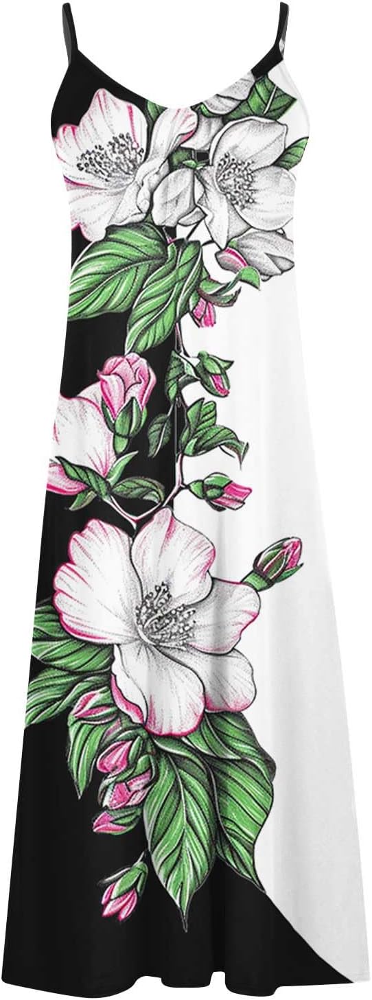 Womens Floral Maxi Dresses Spaghetti Strap Casual Summer Long Dress Vneck Flowy Boho Beach Sundress Vacation Outfits