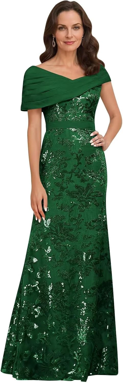 Lace Sequin Mother of The Bride Dresses for Women Long Mermaid Off The Shoulder Formal Evening Dress with Sleeves