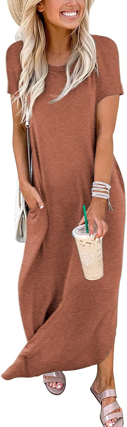 ANRABESS Women's Summer Casual Loose Short Sleeve Long T Shirt Dress Split Maxi Beach Sundress Travel Vacation Outfits