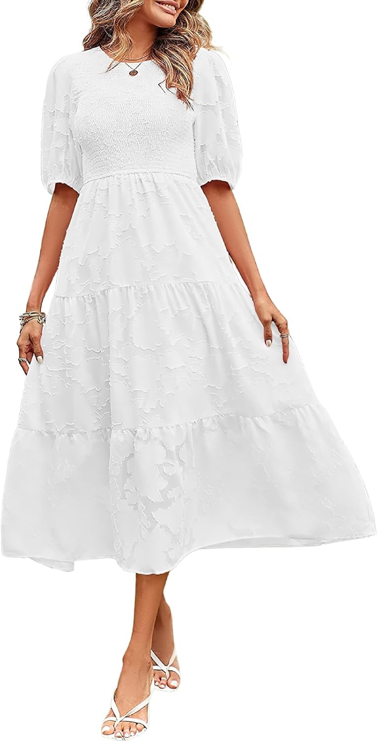 ebossy Women's Casual Smocked Lace Party Dress Puff Sleeve A-line Flowy Tiered Jacquard Midi Dress