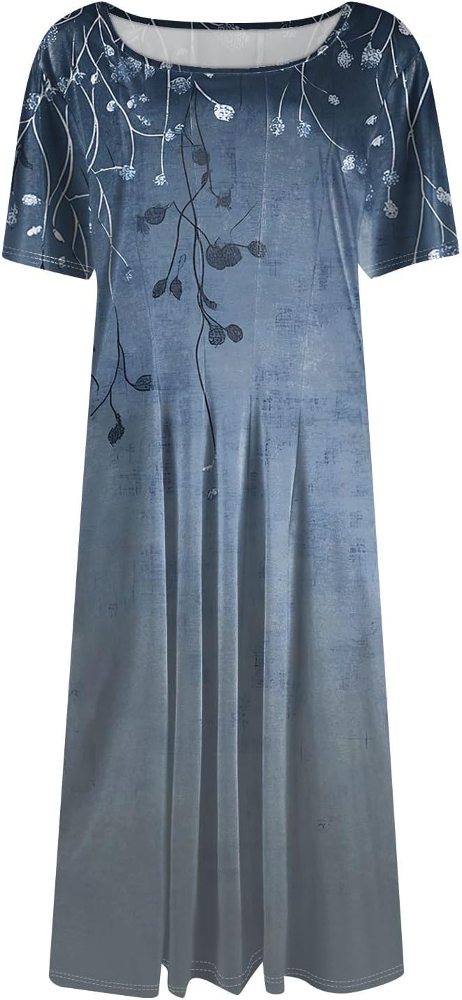 Summer Dresses for Women 2025 Crew Neck Short Sleeve Boho Beach Vacation Floral/Solid Midi Sundresses with Pockets