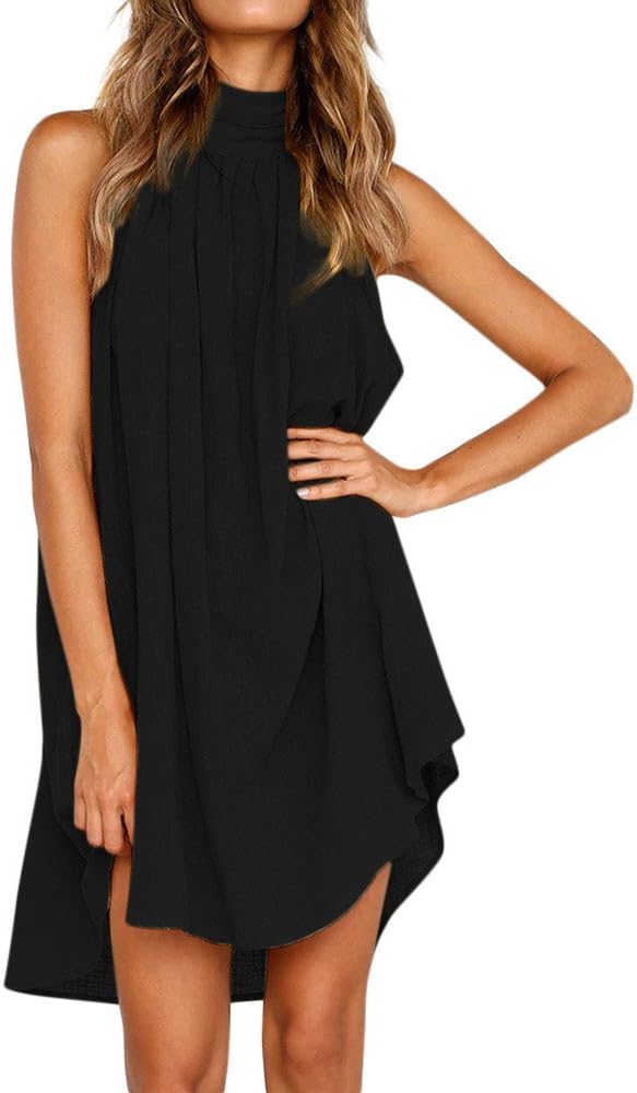 Sun Dresses for Women 2025 Vacation Halter Neck Solid Summer Casual Sundress Elegant Pleated High Low Mini Dresses