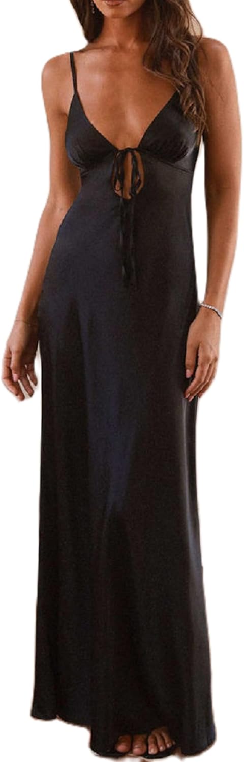Luckinbaby Women Y2k Spaghetti Strap Maxi Dress V Neck Tie Front Cutout Long Cami Dress Backless Party Wedding Dress