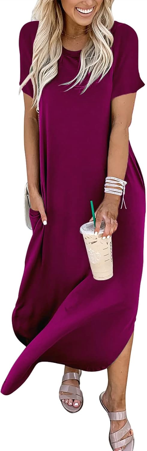 ANRABESS Women's Summer Casual Loose Short Sleeve Long T Shirt Dress Split Maxi Beach Sundress Travel Vacation Outfits