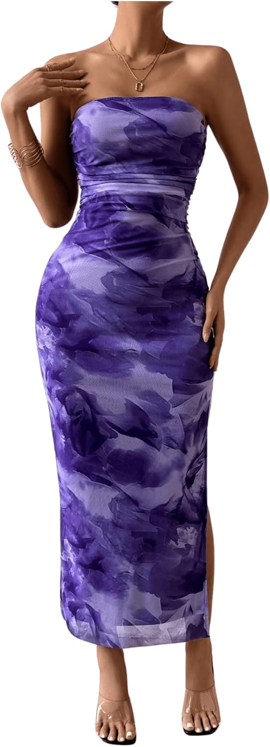 Milumia Women's Printed Strapless Tube Top Long Dress Slit Hem Sleeveless Bodycon Maxi Dresses