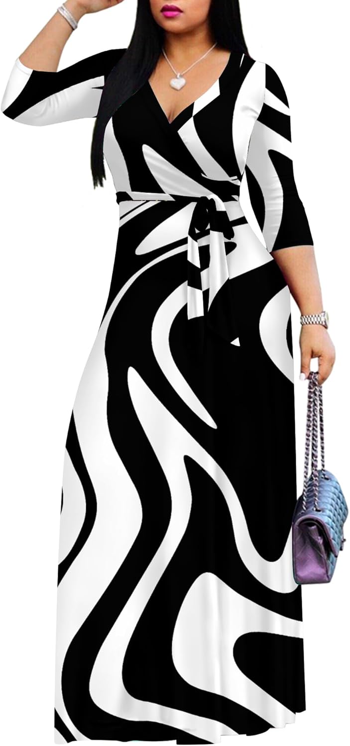 FANDEE Plus Size Maxi Dress for Women Casual Summer Sundress V-Neck 3/4 Sleeve