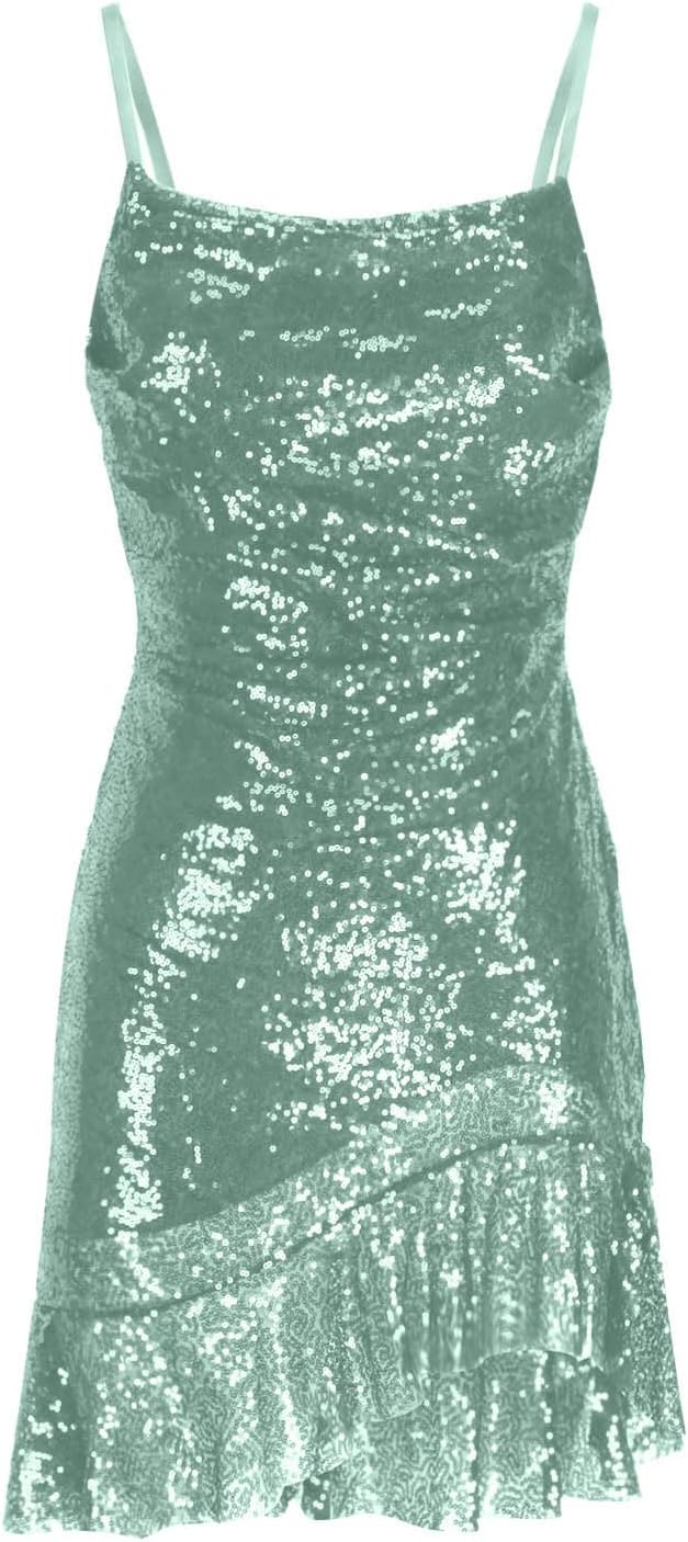 Binmer Women Sparkly Sequin Mini Dress Sexy Glitter Spaghetti Strap Backless Ruffle Hem Cami Short Mini Club Party Dresses