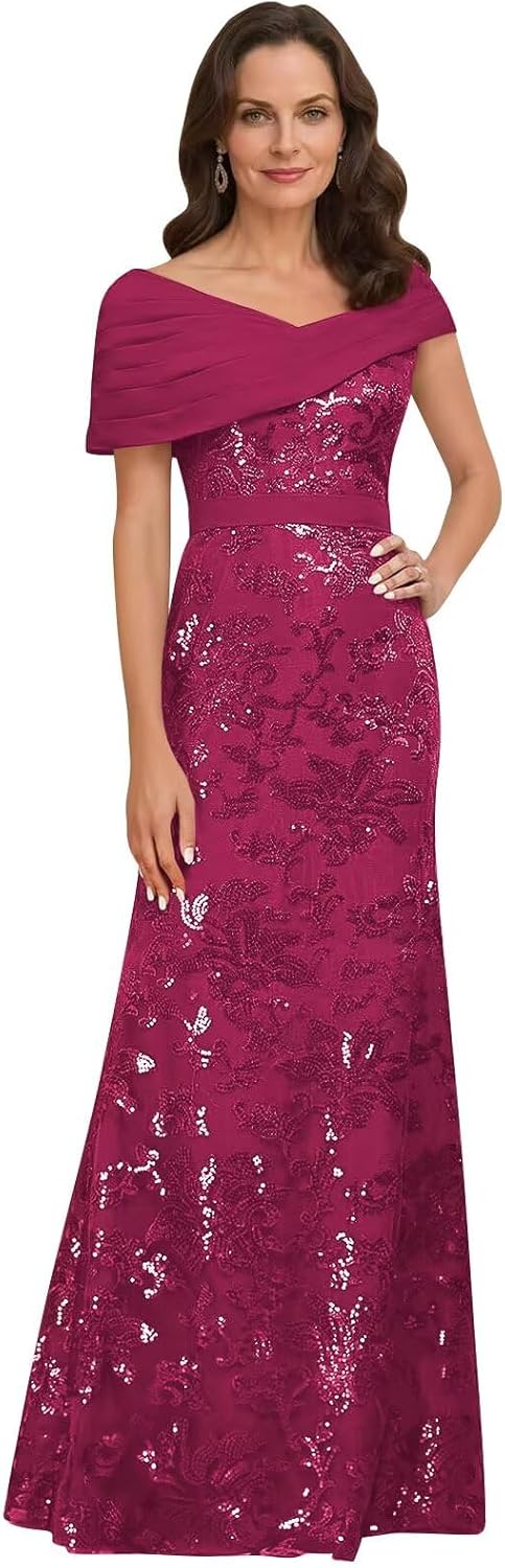 Lace Sequin Mother of The Bride Dresses for Women Long Mermaid Off The Shoulder Formal Evening Dress with Sleeves