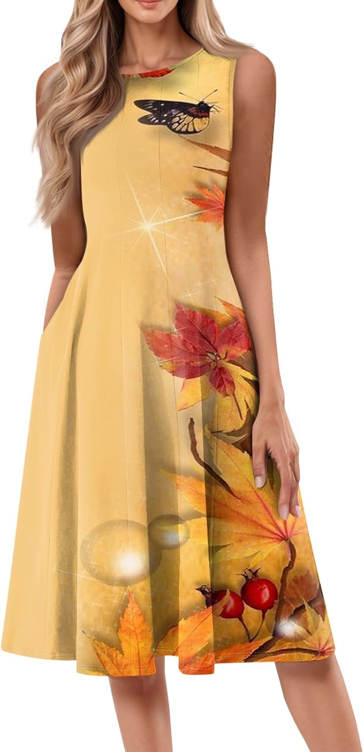 Womens Tank Sundress 2025 Casual Floral Print Tshirt Dress Swing Sleeveless Midi Dress Crewneck Pleated Summer Dresses