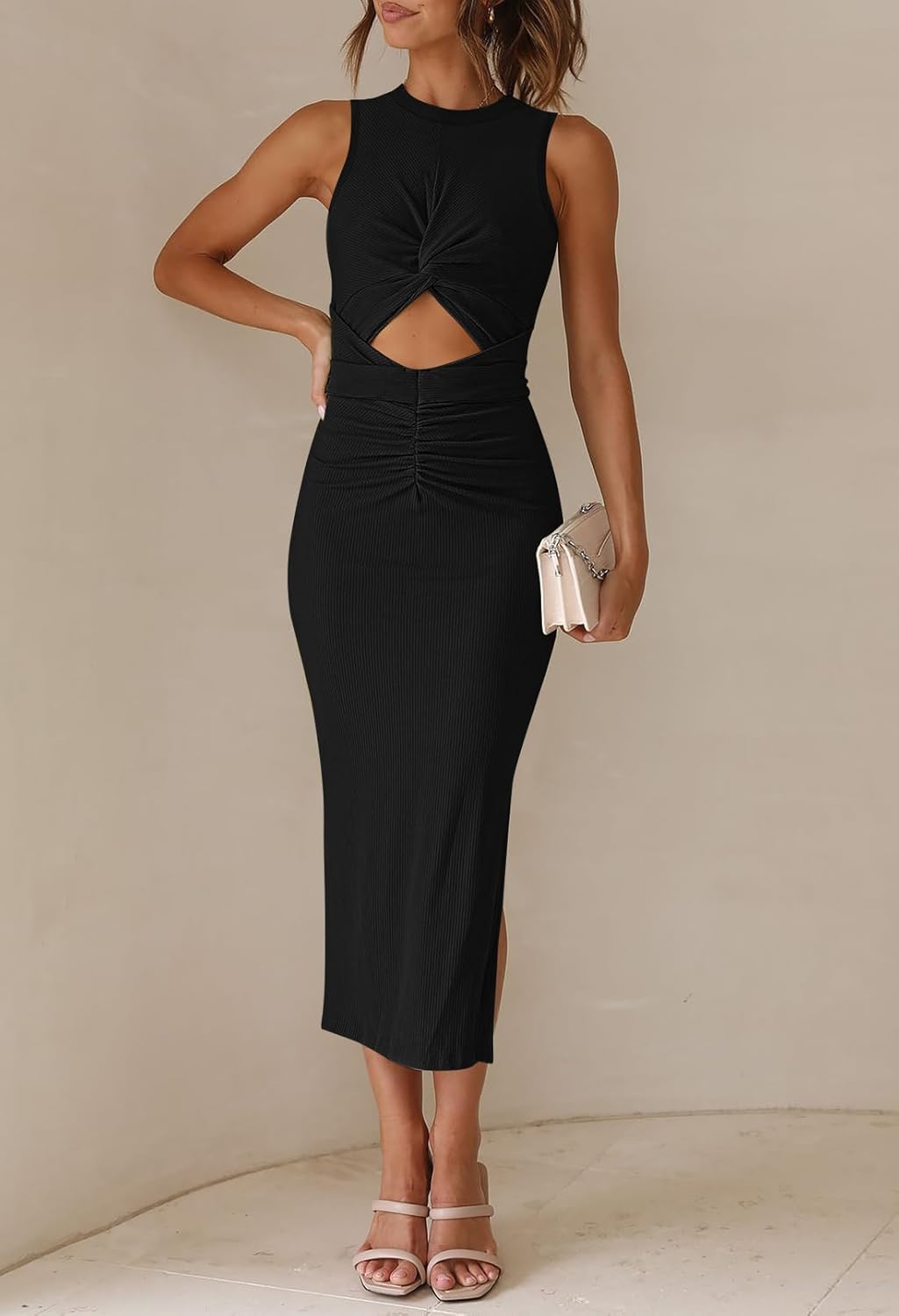 HUUSA Women's Sexy Sleeveless Cut Out Slim Bodycon Dress Crewneck Crisscross Twist Ruched Slit Ribbed Knit Tank Midi Dress