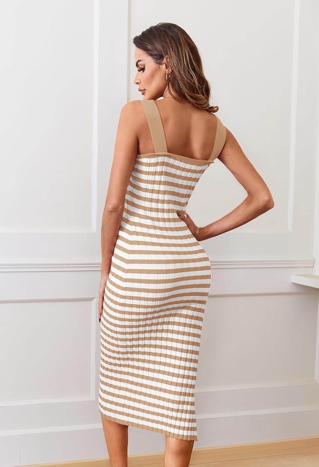 MEROKEETY Women's 2025 Summer Spring Bodycon Midi Dress Vacation Sleeveless Ribbed Knit Striped Party Sweater Dresses