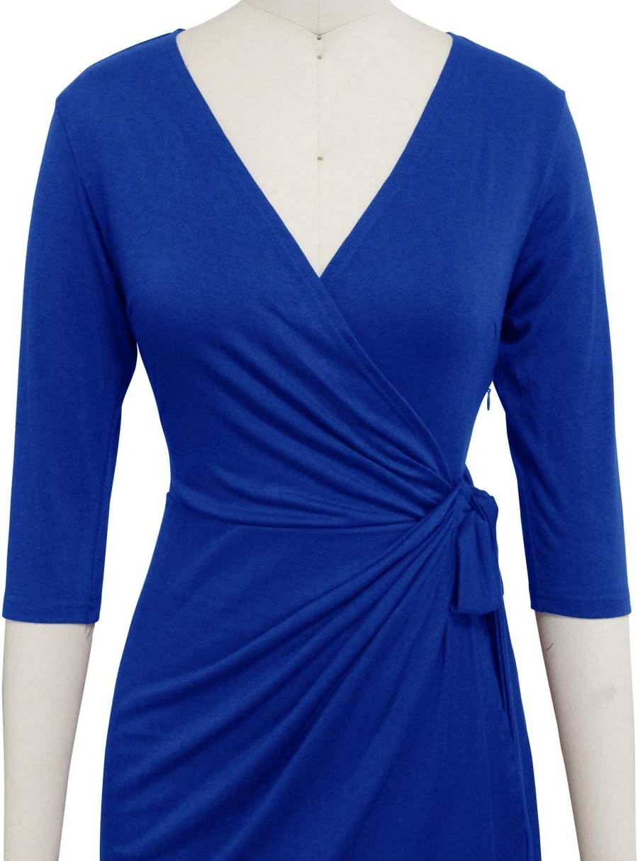 Berydress Women's Classic 3/4 Sleeve V Neck Sheath Casual Party Work Faux Black Wrap Dress