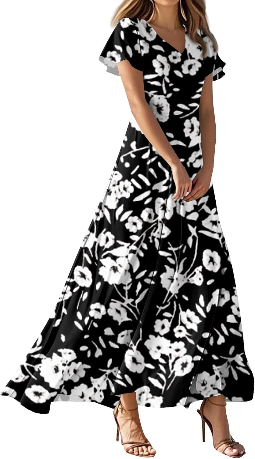 Womens Fashion V Neck Ruffle Short Sleeve Maxi Dress 2025 Summer Elegant Solid Color Flowy A Line Dresses