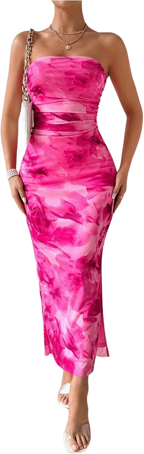 Milumia Women's Printed Strapless Tube Top Long Dress Slit Hem Sleeveless Bodycon Maxi Dresses