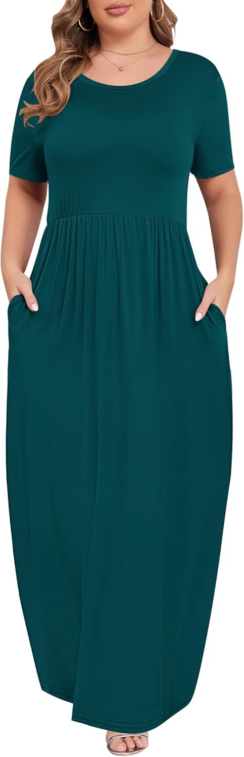 KARALIN Women’s Plus Size Maxi Dresses for Curvy Women Summer Casual Short Sleeve 2025 Long Dress 14W-26W
