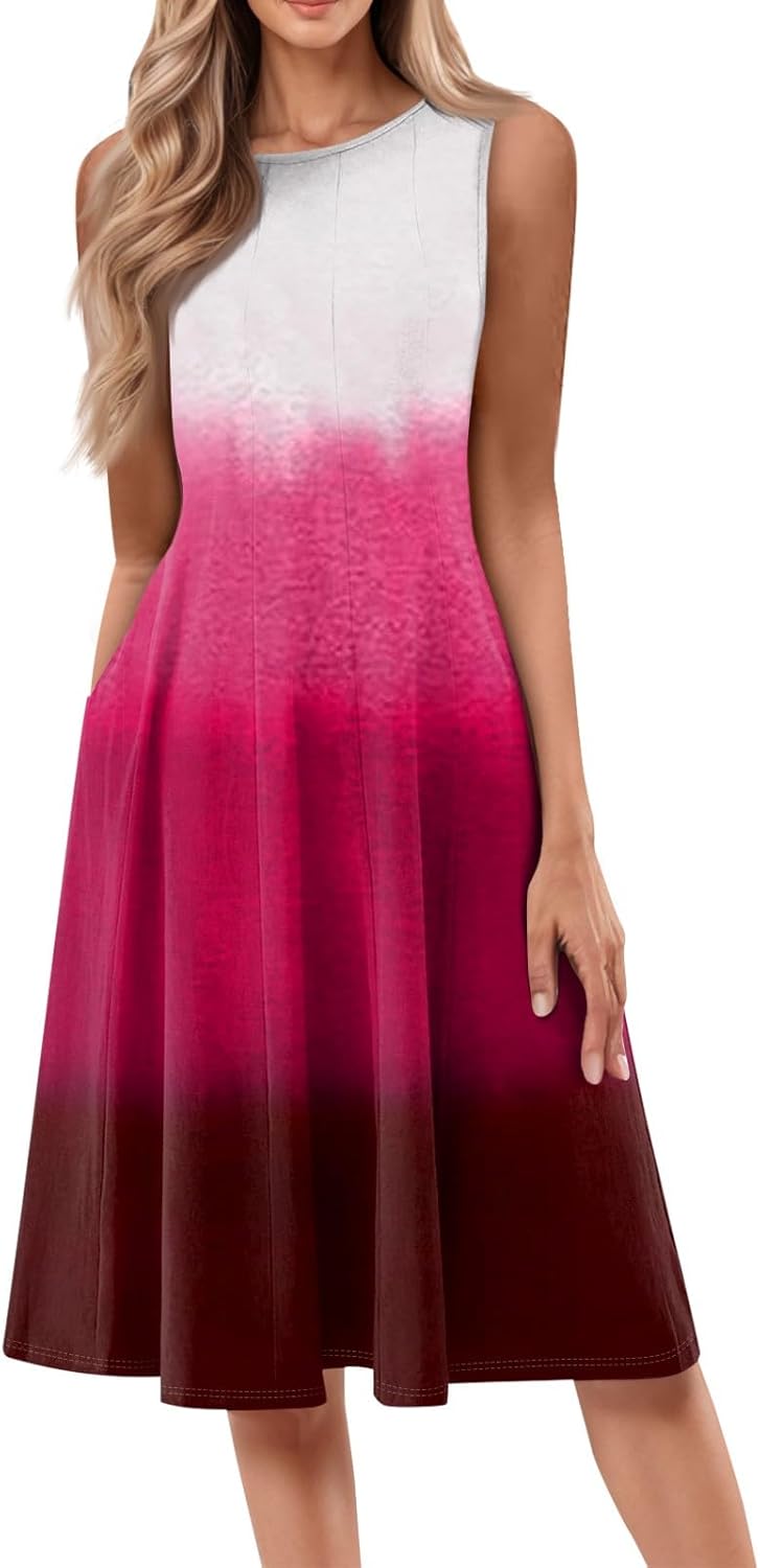 Womens Tank Sundress 2025 Casual Floral Print Tshirt Dress Swing Sleeveless Midi Dress Crewneck Pleated Summer Dresses