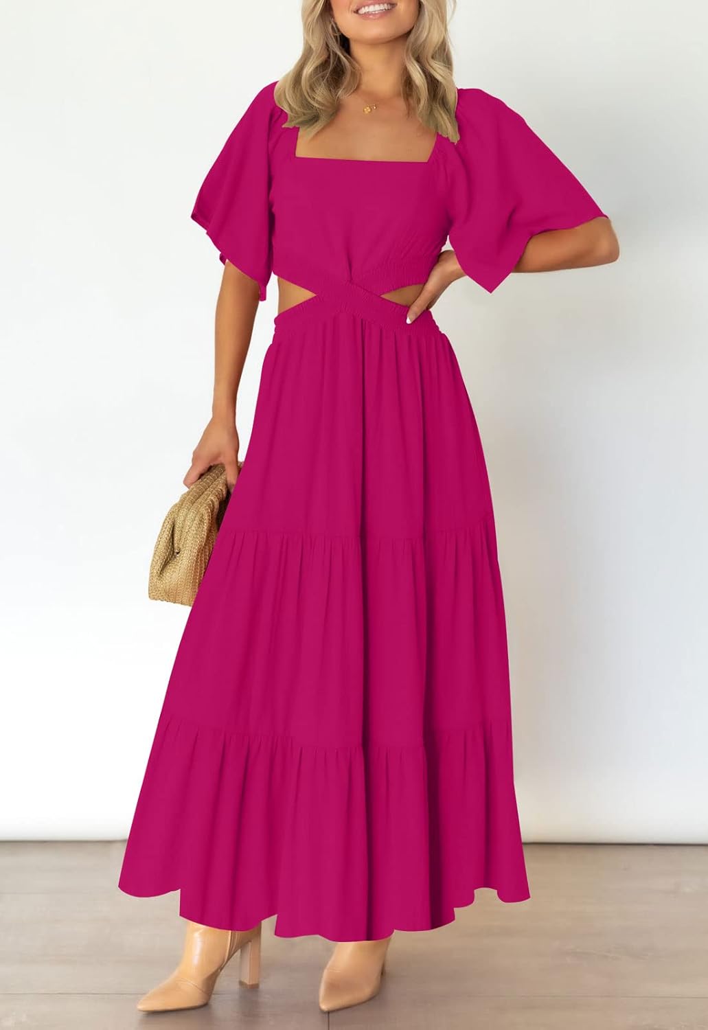 LEANI Women's 2025 Summer Cutout Maxi Dress Square Neck Short Sleeve Crossover Waist Casual Party Dresses