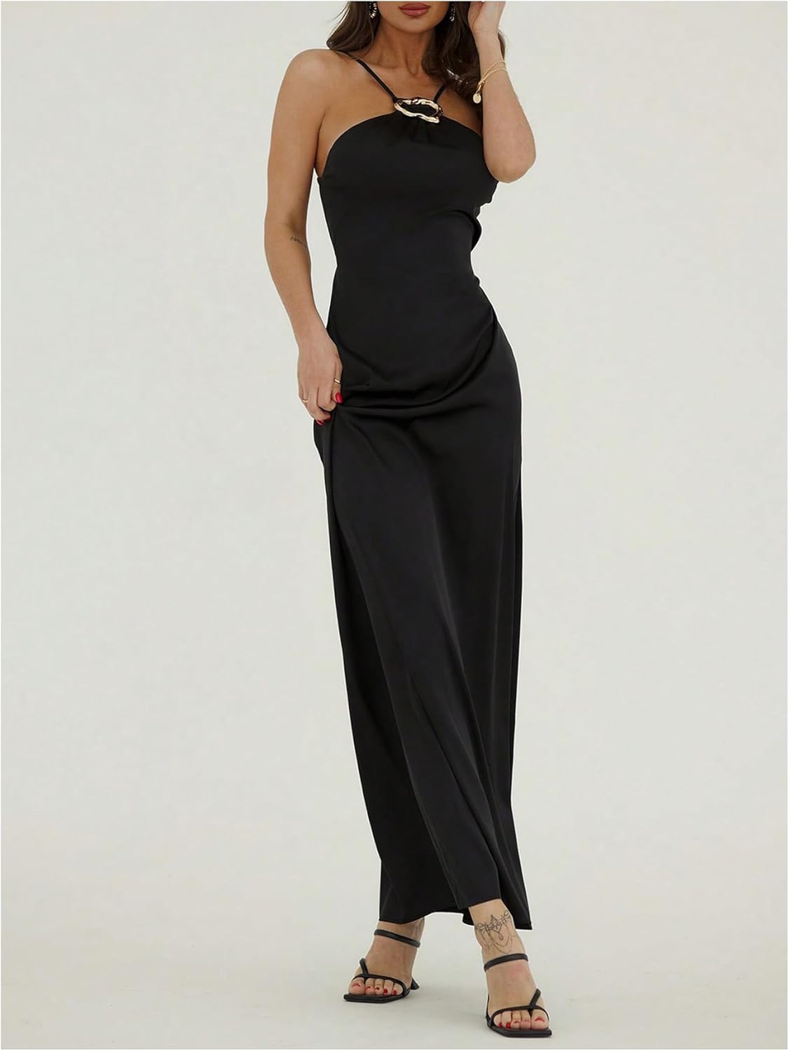 Milumia Women's Sexy Elegant Metal Sleeveless Spaghetti Strap Halter Neck Cami Maxi Long Dress