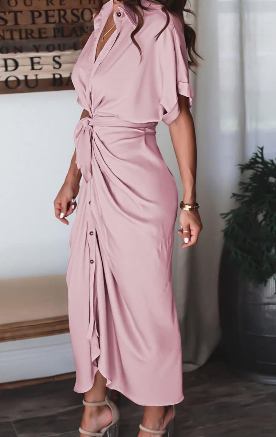 Women's Swing Classic Cute Maxi Ruched Breathable Shirt Dresses Bownot Slim Fitted Dress
