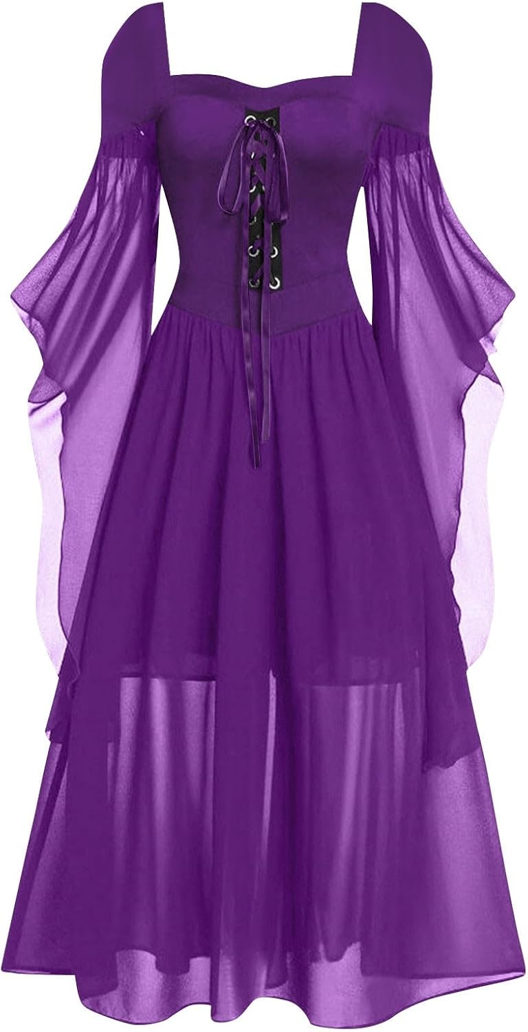 Women Casual Cold Shoulder Dress Solid Color Lace Butterfly Sleeve Halloween Retro Cocktail Party Gothic Prom Dress