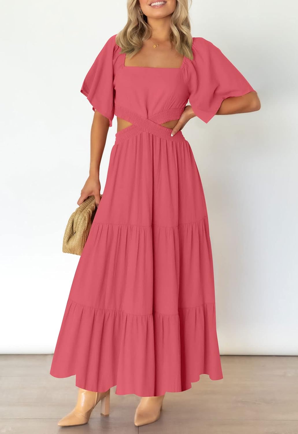 LEANI Women's 2025 Summer Cutout Maxi Dress Square Neck Short Sleeve Crossover Waist Casual Party Dresses