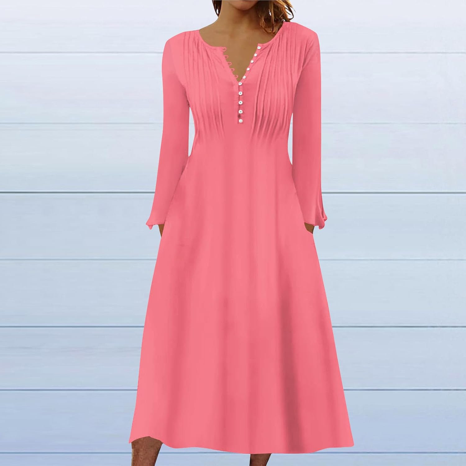 DOPOCQ Fall Women Dresses 2023 Long Sleeve V Neck Plus Size Maxi Dress Boho Dress High Waisted A-Line Dress with Pocket