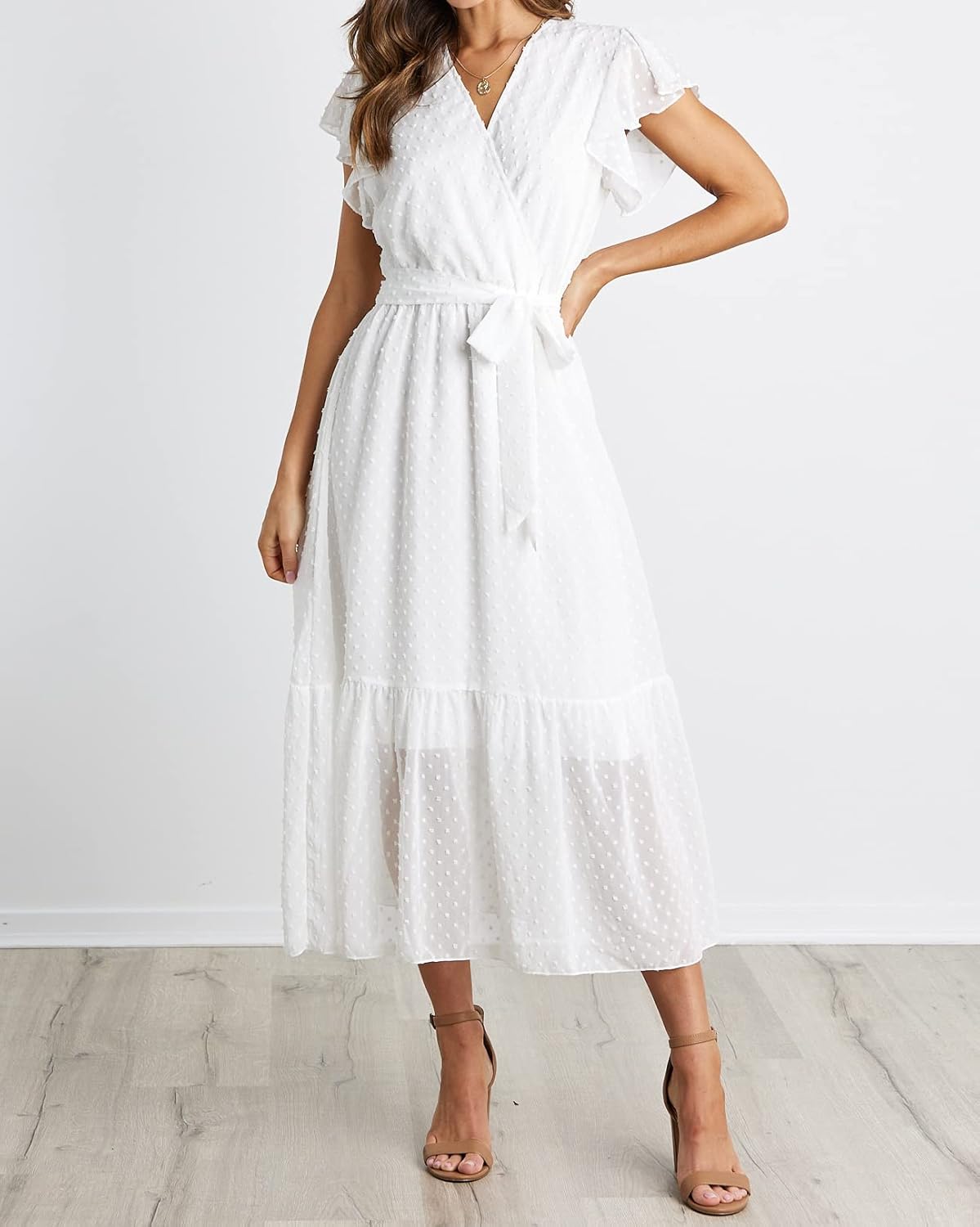 BTFBM Women Summer Bohemian Floral Casual Wrap V Neck Ruffle Cap Sleeveless Belt A-Line Pleated Hem Midi Sun Dress White