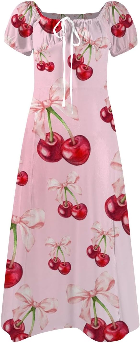 Women's Sundresses 2025 Summer Casual Loose Trendy Bubble Sleeve Square Neck Split Bow Floral Print Dress Plus Size, XS-3XL